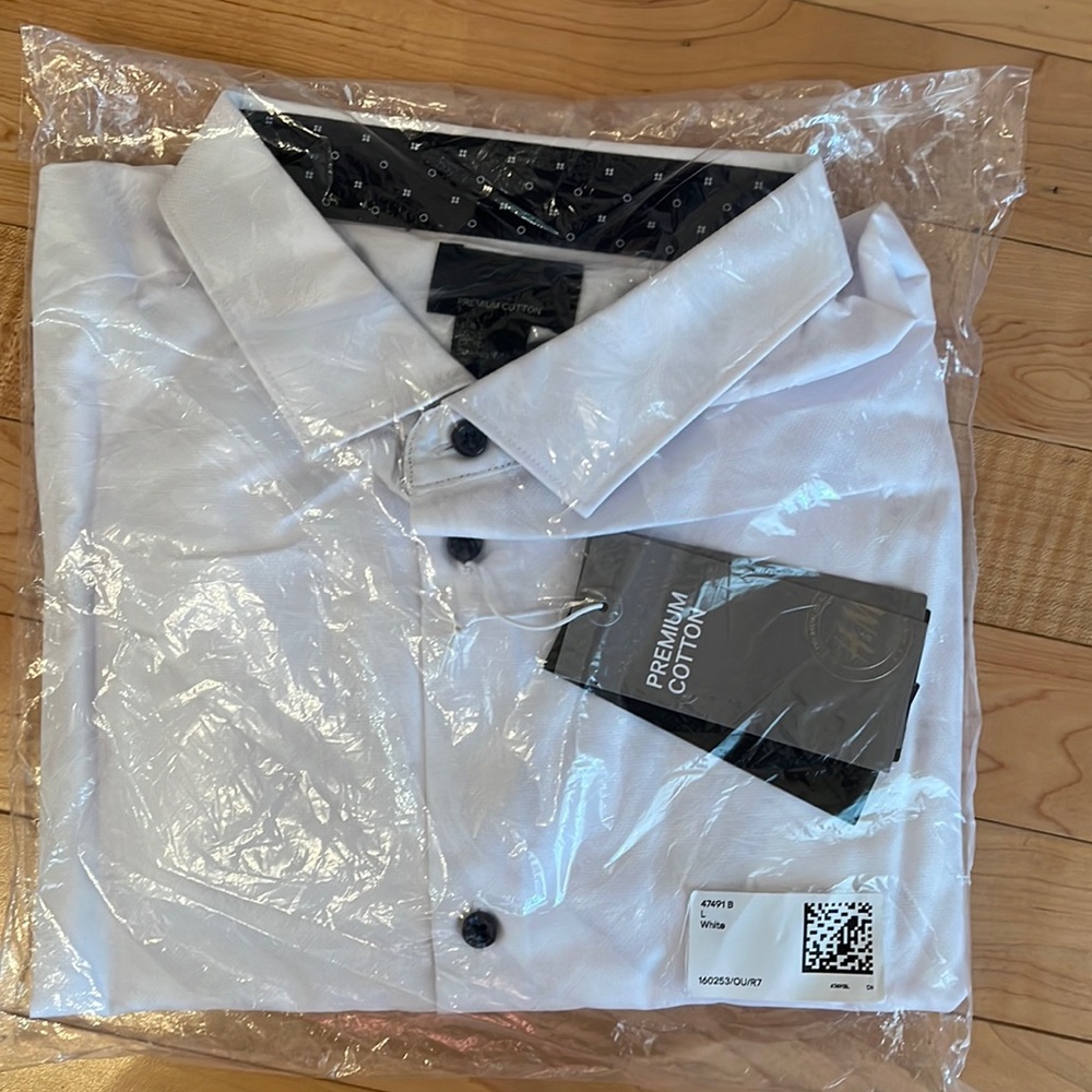NWT Mens Large Premium Cotton Long Sleeve Dress Shirt, White.